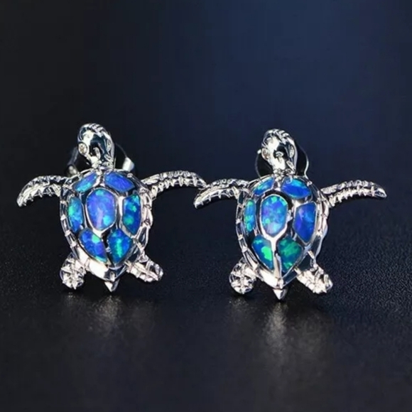 Blue Fire Opal Turtle Earrings - Picture 2 of 3